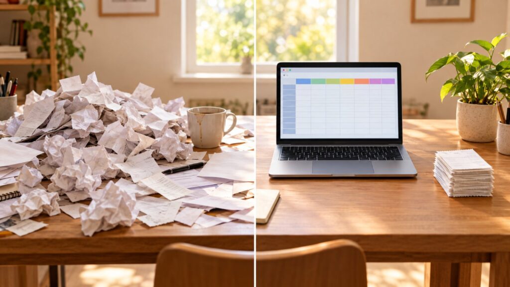 A desk covered in crumpled paper receipts on the left, and the same desk tidy with a laptop showing a spreadsheet on the right