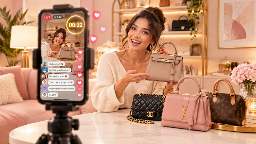 Woman hosting a live selling show on Whatnot, phone on a tripod showing a live auction countdown, luxury handbags beside her