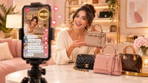 Woman hosting a live selling show on Whatnot, phone on a tripod showing a live auction countdown, luxury handbags beside her