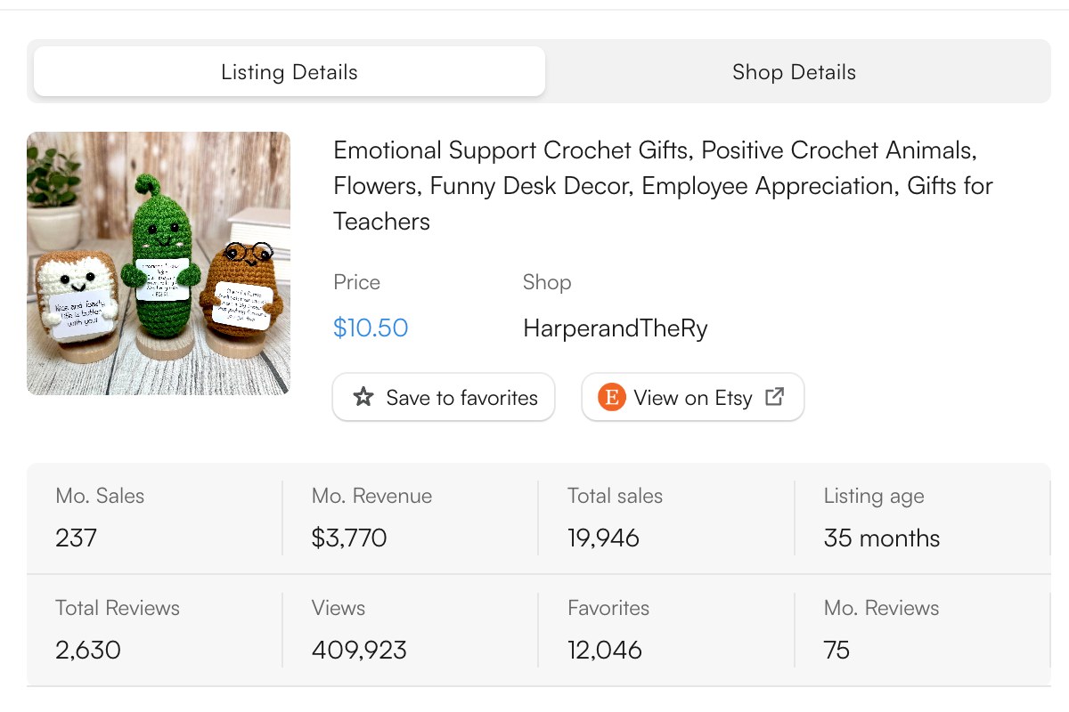 EverBee sales data for a emotional support crochet pocket hug on Etsy