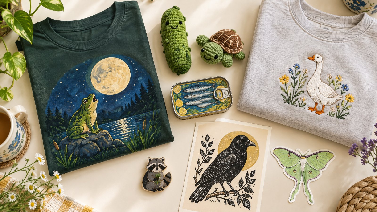 Quirky handmade Etsy products: frog moon shirt, crochet pickle, goose sweatshirt, sardine tin, crow print and luna moth sticker