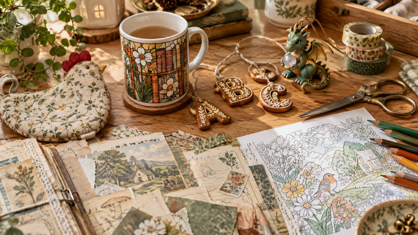 Bookshelf mug, gingerbread letter ornaments, dragon ornament, junk journal pages, chicken oven mitt and coloring page on a craft desk